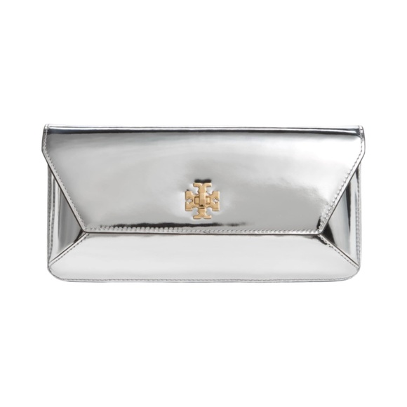 Tory Burch Kira Leather Envelope Metallic Silver Clutch - Picture 1 of 11